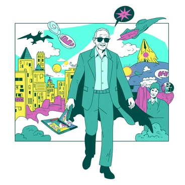 A teal figure representing Stan Lee is walking confidently through a vibrant world filled with various comic book universes. In the background, there are elements from superheroes and villains, including capes, masks, and symbols, all floating in the air. To the left, a yellow cityscape resembles a bustling metropolis with tall buildings featuring comic book art on their facades. On the right, there are colorful landscapes representing different genres, such as fantasy castles and futuristic spaceships. Stan Lee is smiling broadly, holding a comic book in one hand, and engaging with characters that are appearing around him.