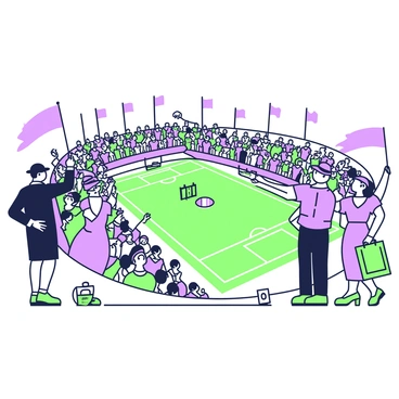 A packed football stadium filled with fans. The stands are filled with individuals wearing 1940s clothing, including men in dark suits, wide-brimmed hats, and women in knee-length dresses with fitted waists and vintage accessories. Flags of various designs are being waved enthusiastically by the crowd, creating a lively atmosphere. Some fans are standing to cheer, while others are seated, all focused on the action on the field below. The field is marked with white lines, and football equipment is scattered around.