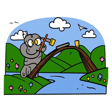 A golem using various tools to repair a broken bridge in a picturesque landscape.