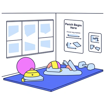 A gym setting featuring specialized equipment for pelvic floor strengthening. In the foreground, there is a colorful pelvic floor exerciser, designed with adjustable resistance levels. Nearby, a stability ball is positioned next to a set of light weights. The floor is covered with a soft, textured mat for comfort during workouts. On the walls, there are motivational posters with phrases like "Strength Begins Here" and diagrams showing pelvic floor exercises. A large window allows natural light to illuminate the space, creating an inviting atmosphere.