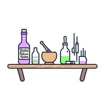 A wooden shelf is filled with a collection of vintage medicine bottles and equipment. On the left side of the shelf, there is a tall glass bottle with a cork stopper, labeled with intricate, faded text. Next to it, a smaller round bottle with a narrow neck sits, showcasing a green liquid inside. An antique wooden mortar and pestle are prominently displayed in the center, with the pestle resting beside the mortar. To the right, a collection of syringes and a small tin container, possibly for pills, complete the arrangement. The shelf has a natural wood grain, adding character to the display.