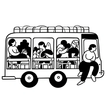 A jeepney filled with passengers sitting on wooden benches, engaged in conversation. Some passengers are leaning back while others are looking out of the open windows. The interior of the jeepney shows details like metal railings and colorful stickers. Trees and buildings are visible through the windows. There are bags and small items scattered on the seats, adding to the lively atmosphere. The overall scene captures the vibrancy of daily commuting.