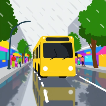 A yellow city bus is traveling down a busy urban street under a gray, rainy sky. Raindrops are falling steadily, creating a misty atmosphere. The wet pavement reflects the bright lights from nearby shops and streetlamps, causing the colors to shimmer in a vibrant display. Puddles form along the edges of the street, mirroring the bus as it passes by. People with colorful umbrellas are walking along the sidewalk, adding to the lively scene. Trees lining the street sway gently in the breeze, their leaves glistening with raindrops.