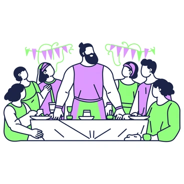 Samson is standing at the center of a grand feast, confidently presenting a riddle to the gathered guests. His muscular build is emphasized by his clothing, which consists of a simple tunic. Around him, several guests display curious expressions, with raised eyebrows and intrigued glances directed at Samson. Their clothing varies, with some wearing elaborate robes and others in simpler attire. The banquet table is laden with various dishes and goblets, suggesting a lively celebration. Dim lighting highlights the atmosphere, with decorated accents in the background adding depth to the scene.