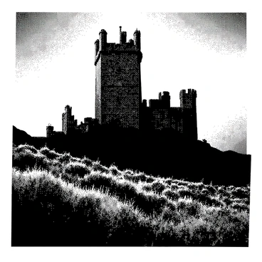 A tall, ancient castle stands prominently on a rugged moor, its stone walls weathered with age. The castle's towers reach upward, adorned with battlements. Long, dramatic shadows stretch across the uneven ground, creating a stark contrast against the dusky sky. The moor is scattered with coarse grasses and low shrubs, adding texture to the landscape. In the background, the last light of day fades, creating a subtle gradient in the sky.