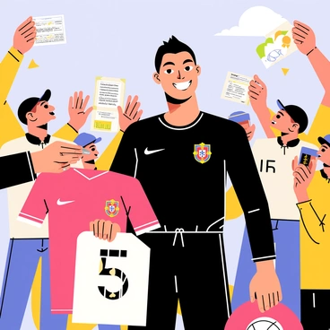 Cristiano Ronaldo is in the center of the image, wearing a stylish black athletic outfit. He is smiling broadly while holding a silver pen, signing a "Portugal" jersey for an excited fan. A group of enthusiastic fans surrounds him, waving their arms and holding various items like posters and soccer balls for autographs. Some fans are wearing team jerseys and caps, showing their support. In the background, there are colorful banners and a clear blue sky, adding to the energetic atmosphere of the scene.