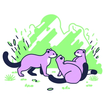 A group of pine martens is gathered in a clearing surrounded by trees. The martens have sleek fur and are engaged in various social behaviors. One marten is playfully chasing another, while another pair is sitting nearby, grooming each other. The ground is covered in fallen leaves and small patches of grass. Dappled sunlight filters through the canopy above, creating interesting patterns on the ground around them. In the background, there are hints of ferns and low shrubs, framing the scene.