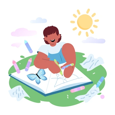 A child is sitting on a grassy patch outside, surrounded by a large, colorful coloring book laid open in front of them. The child is using a set of vibrant crayons, with several colors scattered around. The child is in mid-action, moving a crayon across the page, deliberately coloring outside the lines of a bright illustration of a butterfly. Nearby, a few crumpled pages of scribbled drawings hint at the child's creative exploration. The sun casts a warm glow, adding a cheerful brightness to the scene.