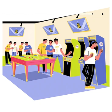A section of a college sports bar featuring a vibrant atmosphere. On one side, there is a foosball table with players in bright team colors. Nearby, several arcade machines with colorful screens and flashing lights are lined up, displaying various classic games. A group of students is gathered around the foosball table, intensely focused on their match. Another student is leaning against an arcade machine, a joystick in hand, with a look of concentration on their face. The walls are adorned with school memorabilia and large flat-screen TVs displaying live sports games, adding to the lively ambiance of the bar.