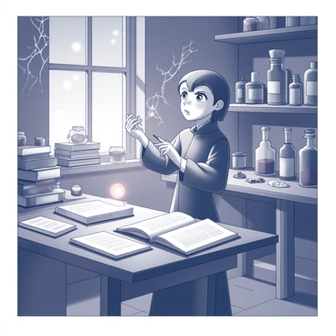 A young sorcerer's apprentice practicing spells in a cluttered magical workshop