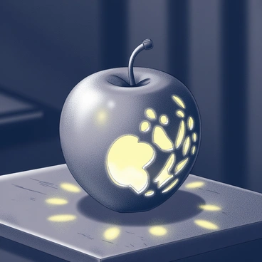 A carved apple lantern with intricate designs cut into its surface. The lantern emits a warm, soft glow from within, illuminating the surrounding area with gentle light. The apple is placed on a rustic wooden table, and the dark evening sets a contrasting backdrop, enhancing the brightness of the lantern. Shadows dance subtly around the apple, creating an intimate and cozy atmosphere. The scene captures the essence of warmth and comfort amidst the dark surroundings.