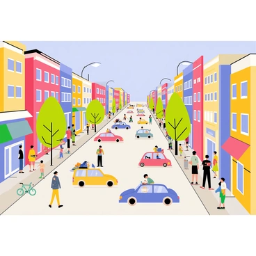 A bustling city street filled with colorful buildings and shops lining both sides. The street is busy with various vehicles, including cars, buses, and bicycles, all contributing to the "hum of traffic." Groups of people are walking on the sidewalks, some chatting animatedly, while others are stopping at storefronts. Bright signs and advertisements are visible, adding to the lively atmosphere. Trees are planted along the street, providing patches of green amidst the urban setting. A clear blue sky overhead enhances the scene.