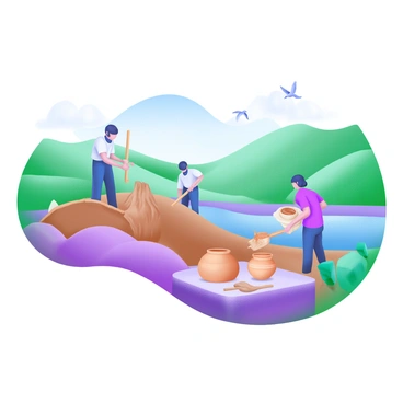 Artisans extracting clay from a muddy bank to create pottery in a serene landscape.