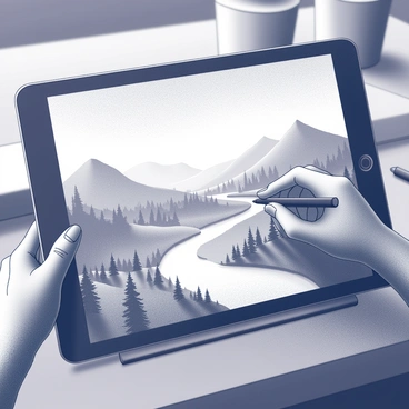 A digital tablet sits on a wooden desk, displaying a landscape illustration in progress. The first step shows a basic outline of rolling hills and a distant mountain range. The second step illustrates the addition of trees and a river flowing through the scene. The third step highlights the application of textures to the land and water elements. In the fourth step, various shades of green are layered in for the trees, while the skies are filled with soft, white clouds. The final step presents the completed landscape with fine details, capturing the essence of mountains, forests, and reflective water. A hand is shown using a stylus, tracing over the digital elements throughout the steps.
