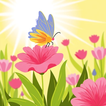 A colorful butterfly with vibrant blue and orange wings is gently landing on a pink carnation. The carnation has layered petals with a rich, soft pink hue, surrounded by lush green leaves. The background features a sunny garden filled with various blooming flowers, casting soft shadows on the ground. The sunlight creates a warm glow, highlighting the intricate patterns on the butterfly's wings and the delicate texture of the carnation's petals.