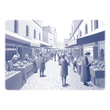 A vibrant medieval market scene set on cobblestone streets. Numerous vendors are positioned along the sides of the street, each displaying an array of goods such as fresh produce, handcrafted wares, and textiles. People of various clothing styles are engaging in lively exchanges, some haggling over prices. A stall selling bright fruits is situated next to a booth featuring hand-carved wooden items. The atmosphere is filled with the energy of conversation and trade, with a few children playing nearby. In the background, an ancient stone building with arched windows adds to the historical ambiance of the scene.