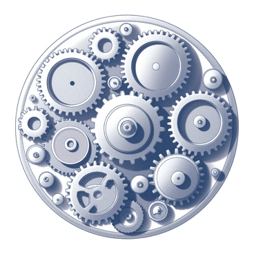 A circular mandala design composed entirely of intricate mechanical gears and components. The gears vary in size and shape, interlocking seamlessly to create a harmonious pattern. Each gear showcases detailed engravings, bolts, and joints, enhancing the complexity of the arrangement. The mandala radiates outward from the center, with smaller gears surrounding larger ones, creating a sense of depth and movement. The overall composition is balanced, with an emphasis on symmetry and precision in the mechanical details. The background is left plain to highlight the mandala’s intricate structure.