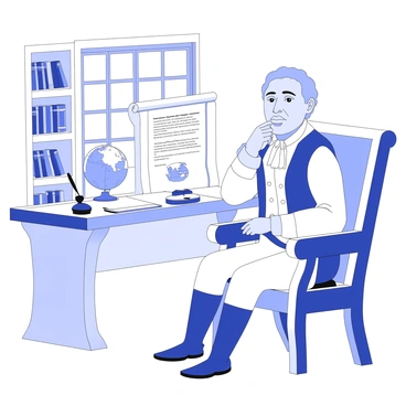 A renowned historical figure is sitting in an elegant, ornate chair, deep in thought. The figure has an expression of contemplation on their face, with furrowed brows and slightly pursed lips. They are wearing period-appropriate attire, complete with a waistcoat and a cravat. In one hand, they hold a scroll that details the declaratory act, while the other hand rests thoughtfully on their chin. The setting includes a grand wooden desk in front of them, adorned with ink pots and quills. A large window behind them allows light to filter through, casting gentle shadows in the room. On the walls are shelves filled with books, and a globe is positioned in the corner. The overall atmosphere conveys a sense of historical importance and reflection.