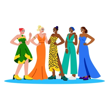 A lineup of illustrated models standing side by side on a simple stage. Each model wears a unique fashion design inspired by different elements of nature and animals. The first model showcases a dress adorned with vibrant green leaves and floral patterns, while the second model wears a gown that mimics the colors and textures of a peacock's feathers. The third model's outfit resembles the sleek fur of a leopard with a mix of golden and black spots. The fourth model displays an ensemble inspired by ocean waves, featuring flowing fabrics in varying shades of blue. The fifth model presents a dress with a design echoing the bright colors of tropical birds. Each model poses confidently, adding to the overall dynamic and lively atmosphere of the scene.