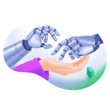 A close-up image showing a robot's hand with metallic fingers gently touching a human's hand. The robot's hand has intricate joints and a shiny surface, while the human hand is soft and has natural skin tones. The fingers of both hands are positioned in a delicate manner, creating an intimate connection. The background is softly blurred to emphasize the hands in focus.