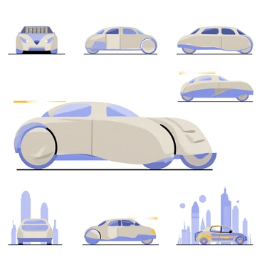 A futuristic vehicle with a sleek, aerodynamic design is prominently displayed in the center of an 8-illustration board. The vehicle features smooth, curved lines and a metallic silver exterior that glimmers under the light. Each of the eight sections showcases a different angle and feature of the vehicle. One illustration highlights the front view, showcasing an illuminated grille and advanced headlights. Another section depicts the side profile, emphasizing the elongated shape and unique wheels. An overhead view displays the vehicle's solar panels integrated into the roof. Additional illustrations focus on the interior, revealing a high-tech dashboard and spacious seating. One panel shows the vehicle in motion, leaving a trail of light behind it, while another captures it parked in a futuristic cityscape with towering buildings in the background. Each illustration is labeled with clear, descriptive captions.