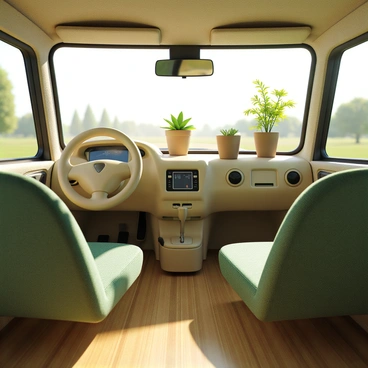 An eco-friendly car interior featuring seats made from recycled fabric in various shades of green. The dashboard is crafted from a light-colored plant-based material that has a smooth finish, complementing the natural aesthetic. Sunlight streams through large windows, illuminating the interior. There are small potted plants adorning the dashboard and side panels, adding a touch of nature to the space. The floor is made of sustainable bamboo, creating a warm and inviting atmosphere.