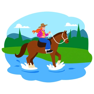 A cowgirl wearing a wide-brimmed hat and a plaid shirt rides a brown horse across a shallow river. The water splashes around the horse's hooves, creating small droplets that catch the light. In the background, green grass and tall trees line the riverbank, while a bright blue sky stretches above. The cowgirl holds the reins firmly, and her long hair flows in the breeze.