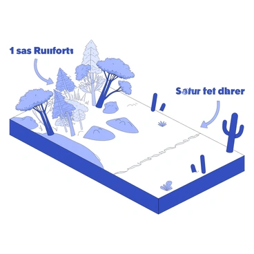 A split landscape features two distinct biomes. On one side, a lush rainforest is shown, with dense foliage, tall trees, and vines. Arrows indicate the gas exchange processes unique to this biome. On the other side, a vast desert is depicted, characterized by sandy dunes, sparse vegetation, and cacti. Arrows are also illustrated here, indicating the distinct gas exchange processes of the desert biome. The two landscapes are divided clearly, emphasizing the contrast between the moisture-laden atmosphere of the rainforest and the arid conditions of the desert.