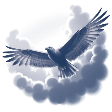 A buzzard flying boldly through dark storm clouds.