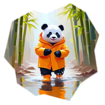 A panda with black and white fur, wearing a bright yellow raincoat and matching yellow rain boots, is walking through a lush, green bamboo forest during a rainy day. The ground is wet with puddles reflecting the overcast sky. Raindrops are falling from above, creating ripples on the surfaces of the puddles. Tall bamboo stalks surround the panda, their leaves glistening with moisture. The panda appears cheerful, with a playful expression, as it navigates the slippery terrain, splashing in the puddles.