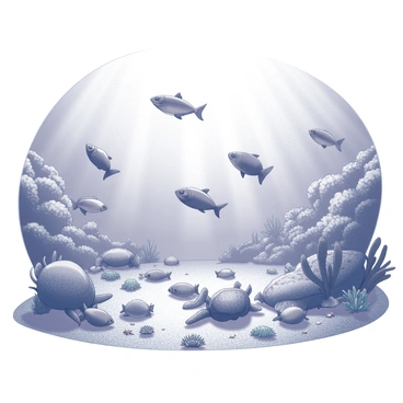 An underwater scene filled with various fish and sea creatures. The scene includes a variety of fish with different shapes and sizes swimming in schools. There are also sea turtles gliding gracefully through the water. Coral reefs are present in the background, with intricate textures and shapes. Small sea urchins and starfish are scattered across the ocean floor. Sunlight filters through the water, creating patterns of light and shadow on the seabed.