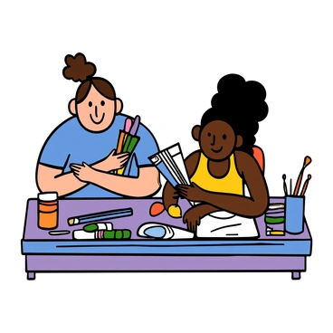 Two students sitting at a colorful classroom table, sharing a variety of art supplies. One student has light skin and short curly hair, wearing a blue t-shirt, and is holding a set of colored markers. The other student has dark skin and long braids, wearing a yellow tank top, and is reaching for a stack of drawing paper. The table is covered with various art materials including paints, brushes, and crayons, illustrating a vibrant and engaging creative atmosphere.