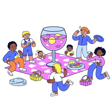 A picnic scene featuring a large glass punch bowl filled with a colorful fruity beverage, complete with slices of oranges and strawberries floating on top. The punch bowl is placed on a checkered picnic blanket. Surrounding the blanket are several happy children, all smiling and engaged in activities. One child is pouring punch into a plastic cup, while another is reaching for a sandwich. A couple of children are playing with a frisbee nearby. There are also small picnic baskets filled with various snacks scattered around the blanket.