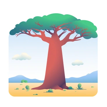 A towering baobab tree with a wide trunk and lush green leaves is situated in the center of an open African landscape. The tree's branches stretch high into the sky, creating a stunning silhouette against the horizon. Surrounding the baobab are vast stretches of dry grass and scattered bushes, providing a stark contrast to the tree’s vibrant foliage. In the background, there are distant hills under a clear blue sky, enhancing the sense of openness and wilderness. A few fluffy white clouds float gently in the sky, adding depth to the scene.