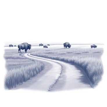 A winding dirt trail meanders through expansive grasslands. Tall prairie grass sways gently in the breeze, creating a textured landscape. In the background, the vast horizon stretches endlessly, meeting a clear sky. A herd of bison grazes peacefully on the open land, their large forms contrasting against the grass. The scene captures the tranquility of nature and the wild essence of the prairie.