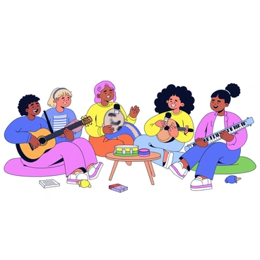 A group of five teenagers sitting together on colorful floor cushions in a cozy room. Each teen wears clothing that reflects their cultural background. One teen has long black hair and is playing an acoustic guitar. Another teen is drumming on a small djembe with enthusiasm. A girl with curly hair is singing into a microphone, while another teen is playing a keyboard. The fifth teen holds maracas, adding rhythm to the music. Scattered around them are music sheets and snacks on a low table, creating a relaxed atmosphere. The teenagers are smiling and engaged, highlighting their enjoyment of the jam session.