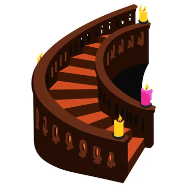 A winding staircase made of dark wood with intricate carvings along the railing. The staircase is illuminated by multiple dripping candles placed on the steps and along the walls, casting flickering shadows. The candles are in ornate holders, with wax drips running down the sides. At the top of the staircase, the view fades into darkness, creating a sense of depth and mystery. The atmosphere is filled with a soft glow from the candles, emphasizing the curves of the staircase.