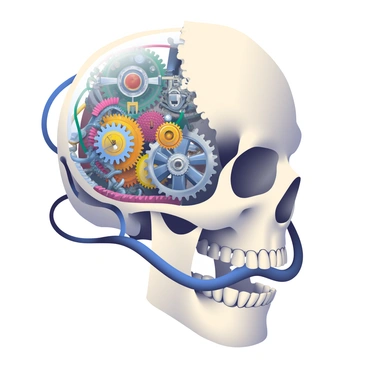 A detailed skull is prominently displayed in the center of the image. The skull is partially transparent, revealing intricate gears and mechanical parts inside, showing a complex interplay of organic and industrial elements. The gears are metallic and shiny, with some showing signs of wear, while the organic parts of the skull have a textured surface. Some wires and cables intertwine with the gears, adding an additional layer of complexity. Shadows and highlights create depth, emphasizing the contrast between the organic and mechanical features, creating an intriguing focal point.