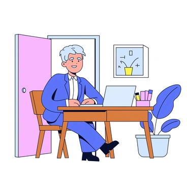 A boss sitting at a wooden desk with a neat arrangement of office supplies. The boss is wearing a smart suit and has a warm smile. Behind the desk, there is an open door leading to an office space, suggesting a welcoming atmosphere. The walls of the office are painted in a soft color, and a potted plant is placed near the door, adding a touch of greenery. The light from a nearby window casts a gentle glow across the room.