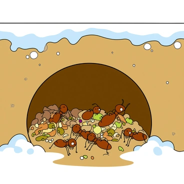 A group of small brown ants is busy storing food inside a cozy underground chamber. The chamber has earthy walls and is filled with various items such as seeds and tiny bits of fruit. The ants are working together, carrying their finds with determination. Above ground, fluffy white snowflakes are starting to fall gently, creating a contrast with the warm, vibrant colors of the underground scene. The entrance to the chamber is visible, framed by patches of snow on the surface. The atmosphere is bustling with activity as the ants prepare for the cold winter ahead.