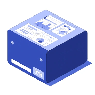 A futuristic black box with digital screens displaying colorful data