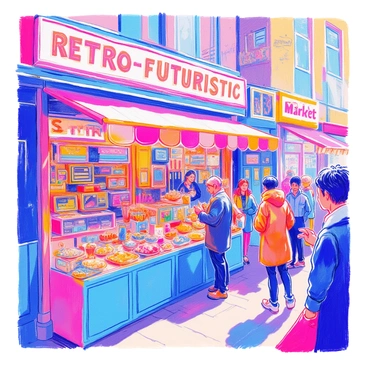 A bustling street market is filled with various vendors selling retro-futuristic goods and foods. Colorful stalls are adorned with neon lights and metallic accents. One vendor showcases vintage electronic gadgets, while another offers an array of exotic foods displayed in vibrant containers. People are gathered around, examining unique merchandise and sampling futuristic snacks. A large sign hangs overhead with the words "Retro-Futuristic Market" written in bold, eye-catching letters. The atmosphere is lively, with shoppers engaged in animated conversations.