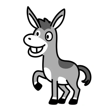 A cartoon-style donkey with large, exaggerated ears and big, expressive eyes is standing upright. Its mouth is wide open in a joyful smile, revealing a set of large teeth. The donkey's fur is light gray with darker patches on its back and tail. It has a tuft of spiky hair on its head, and its cheeks are slightly rounded, emphasizing its cheerful expression. The donkey is positioned in a playful pose, with one front hoof raised slightly as if ready to take a step forward.