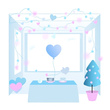 A cozy room is filled with festive decorations in the shape of heart lines. String lights create a warm glow, illuminating garlands made of intertwined hearts displayed around the walls. A large heart-shaped balloon hovers in the center of the room. Colorful ornaments hang from the ceiling, reflecting light in various pastel shades. A table in the foreground is adorned with heart-themed tableware, while a small tree decorated with heart-shaped ornaments stands in the corner.