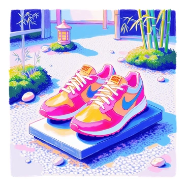 A pair of Nike shoes is placed delicately on a smooth stone surface within a Japanese zen garden. The garden features carefully raked white gravel that forms intricate patterns. Surrounding the shoes are small, perfectly shaped green moss patches and a few scattered stones. In the background, there are minimalist bamboo plants and a small lantern made of stone, casting a soft shadow. The scene is peaceful, evoking calmness through its simplicity and natural elements.