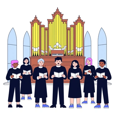 A group of choir members stands in rows, dressed in matching black robes. They are singing in harmony, with some members holding songbooks. Behind the choir, there is a grand church organ with intricate details, prominently featuring tall golden pipes that add a majestic presence. The organ has a polished wooden casing and a series of keys that are glistening under soft lighting. The setting is inside a spacious church, with arched windows visible in the background, filtering natural light into the scene.