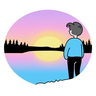 A person named "Maveli" stands at the edge of a lake, watching the sunset. The sky is filled with vibrant hues of orange, pink, and purple as the sun descends towards the horizon. Maveli is wearing a light blue shirt and dark pants, with short hair blowing gently in the breeze. The surface of the lake reflects the colorful sky, creating a harmonious blend of colors. Silhouettes of distant trees frame the scene, enhancing the tranquil atmosphere.