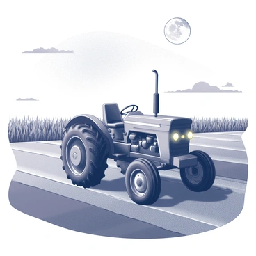 A large tractor is positioned in the center of a vast agricultural field. The tractor is equipped with gleaming metal parts and wide tires that leave distinct furrows in the soil. Its headlights illuminate a portion of the field, casting stark shadows and highlighting the contours of the plowed earth. Above, the moon hangs in the night sky, emitting a soft glow that bathes the scene in a gentle light. The surrounding area is dotted with rows of crops, their silhouettes barely visible against the moonlit backdrop. A few scattered clouds drift across the sky, creating a serene atmosphere in the late-night setting.