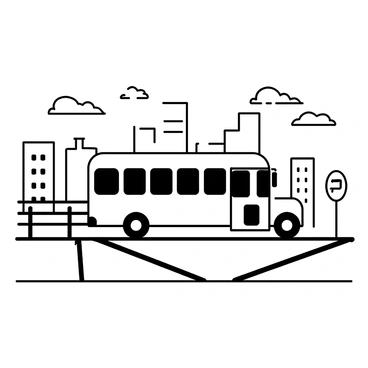 A white school bus is seen moving across a bridge, its wheels rolling along the asphalt. The bus has large windows and a stop sign extended on the side. In the background, the city skyline is visible, featuring tall buildings with different architectural designs. The bridge has metal railings and is supported by concrete pillars. The sky is filled with clouds as the sun sets, creating an array of shapes. The light casts shadows across the bus, the bridge, and the city below, enhancing the scene's depth.
