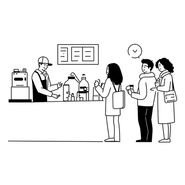 Customers lined up at a cafe during the busy morning coffee rush
